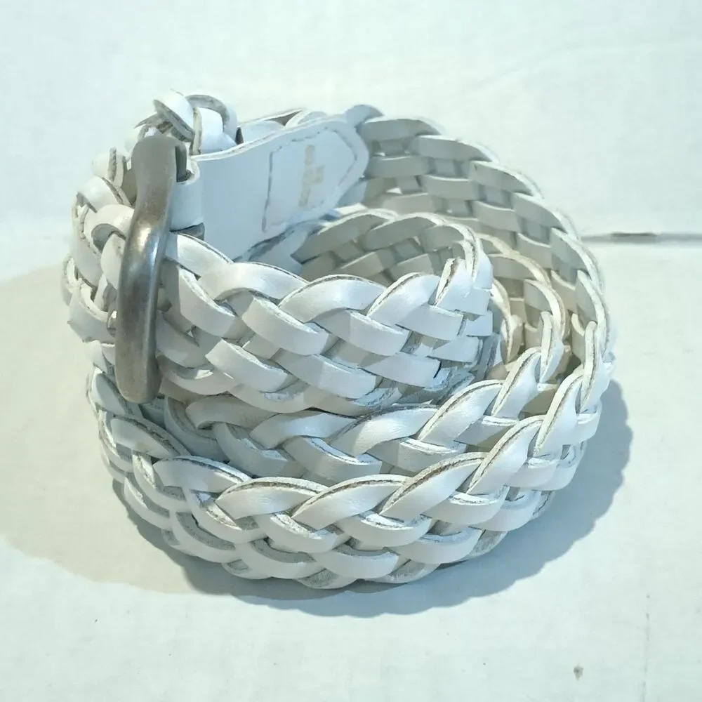 Vintage White Leather Woven Braided Belt-Medium-Adjustable-Minimal-Cottage-1990s